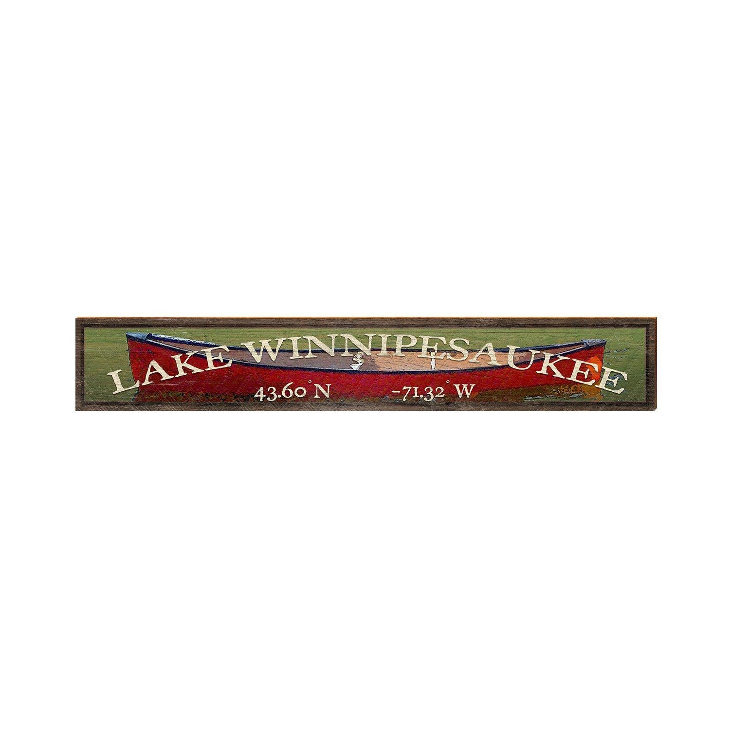 Lake Winnipesaukee Red Canoe Latitude Longitude | Wall Art Print on Real Wood