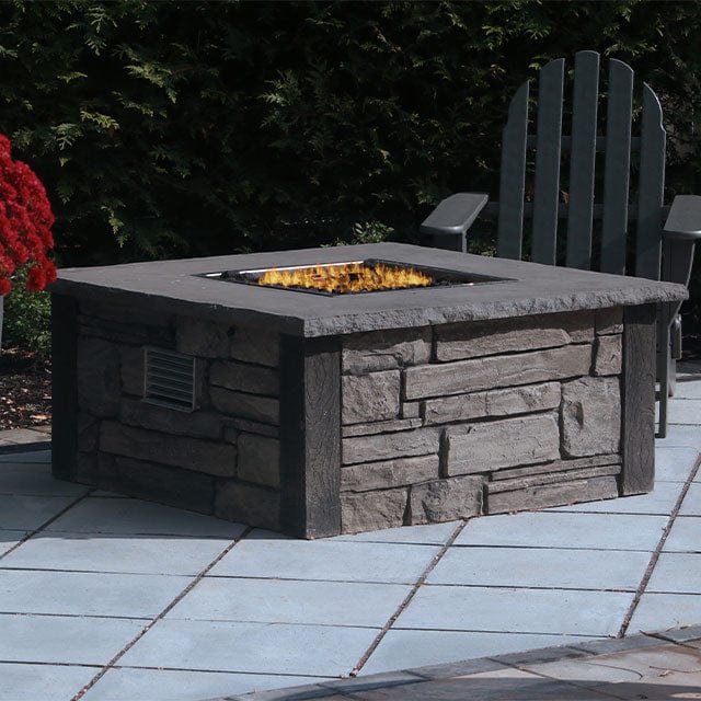 Nicolock 44″ Encore Square Deluxe AWS Liquid Propane Fire Pit Package with Surround in Stackstone Texture & Bluestone Color