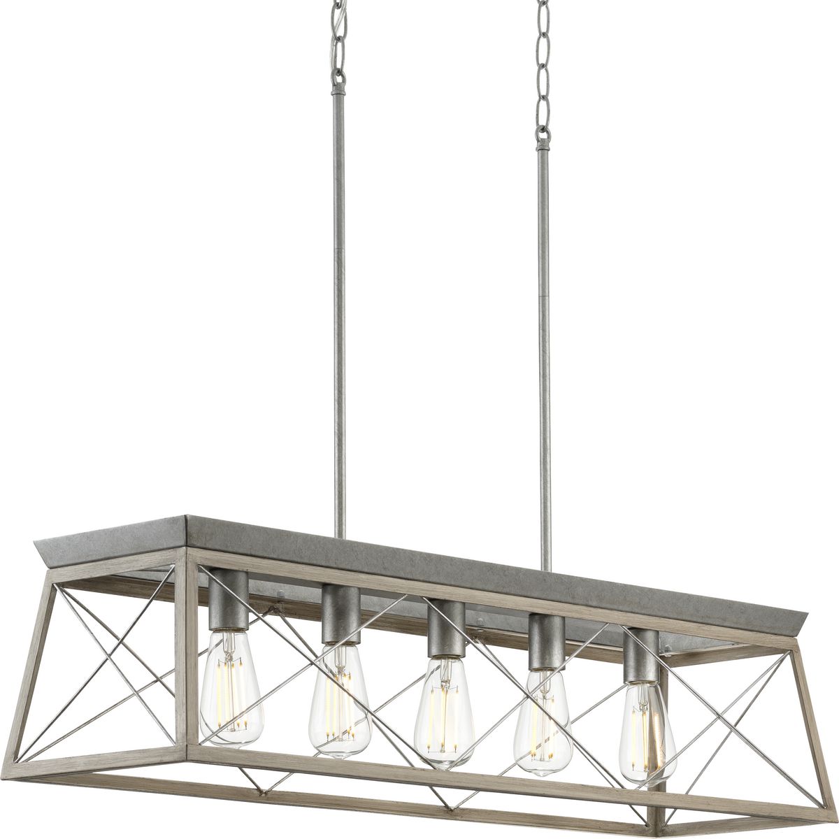 PROGRESS LIGHTING P400048-141 Briarwood Collection Five-Light Galvanized and Bleached Oak Farmhouse Style Linear Island Chandelier Light in Galvanized Finish