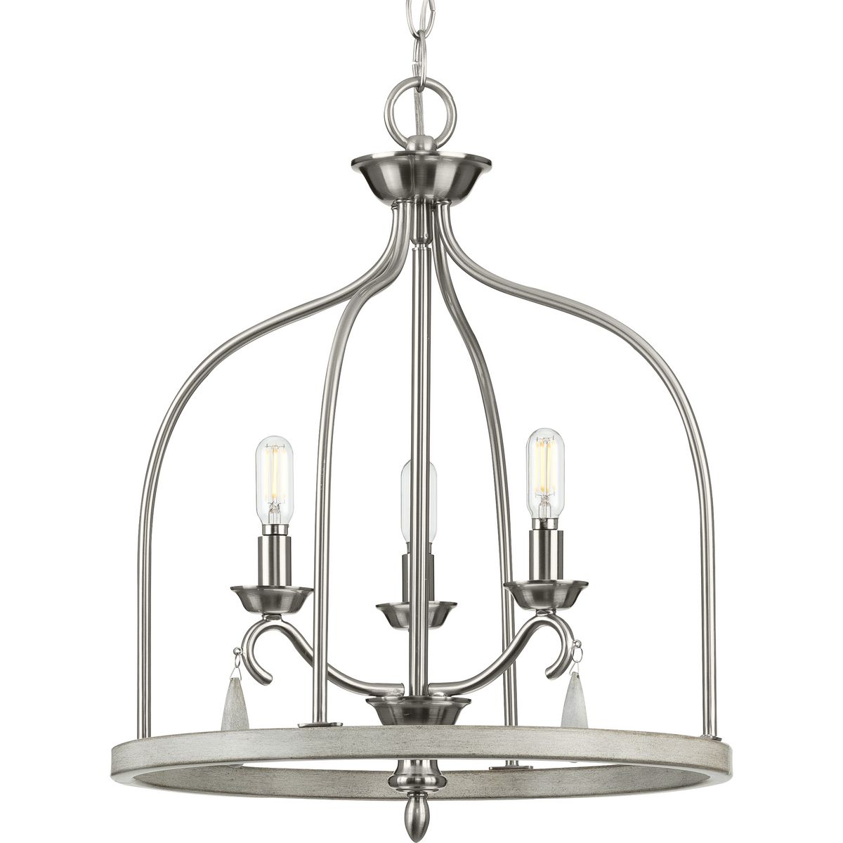 PROGRESS LIGHTING P500296-009 Vinings Collection Three-Light Brushed Nickel and Grey Washed Oak Foyer Pendant Light in Brushed Nickel