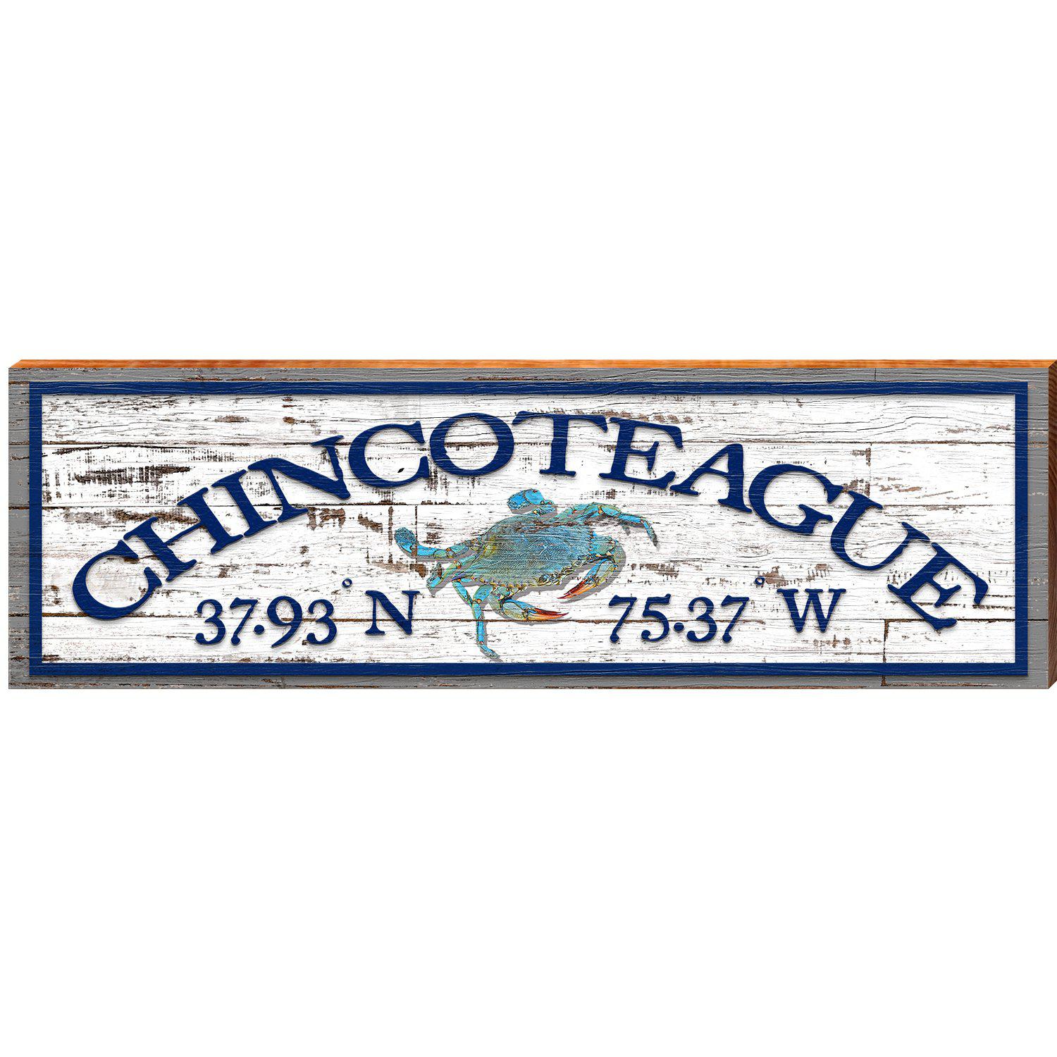 Chincoteague Blue Crab White Shabby Latitude Longitude | Wall Art Print on Real Wood