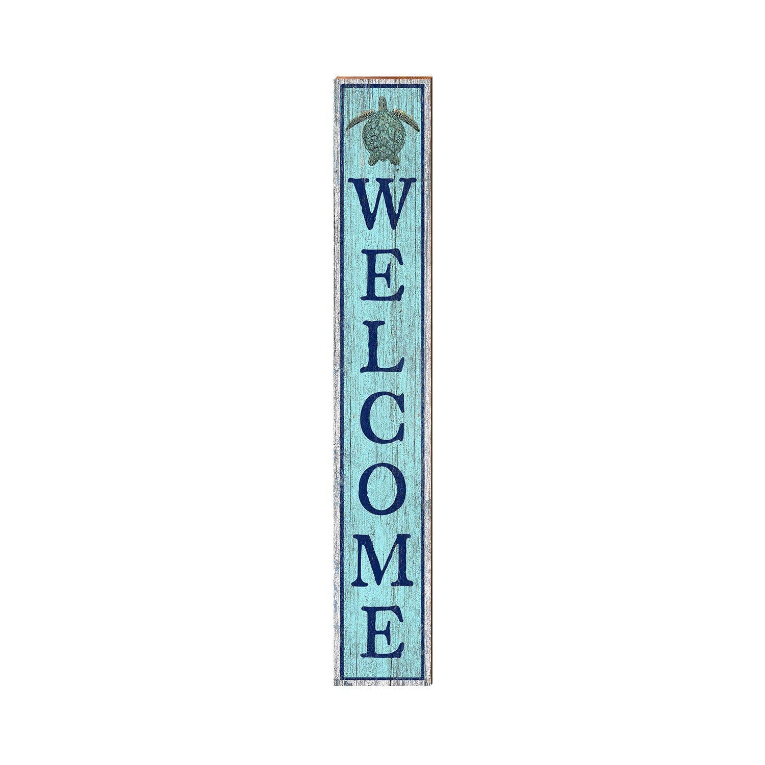 Welcome Sea Turtle Blue | Wall Art Print on Real Wood