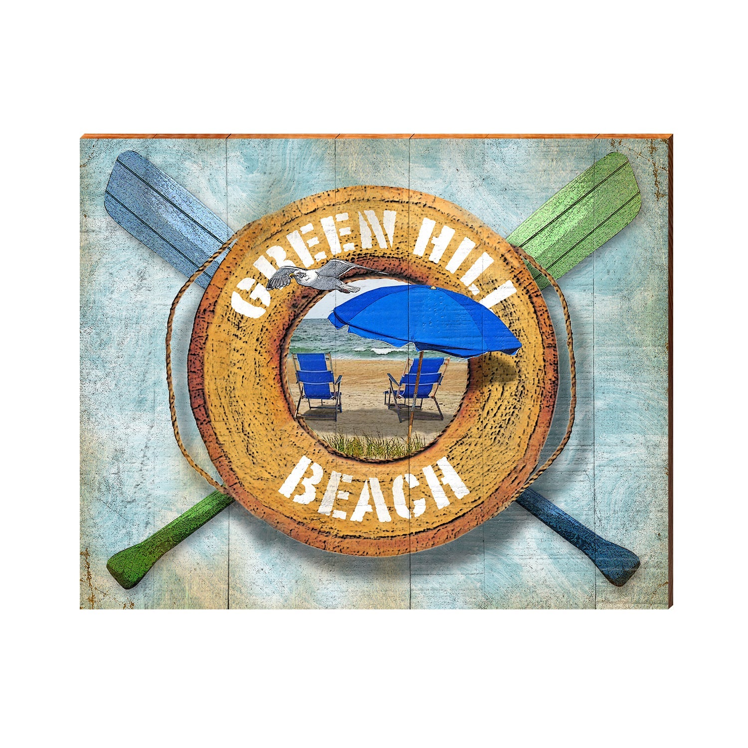 Green Hill Beach Blue Beach Umbrella Life Ring | Wall Art Print on Real Wood