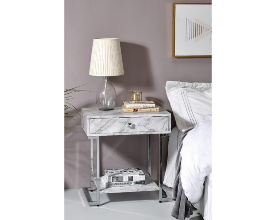 ACME – Wither Accent Table in White Faux Marble Top/Chrome