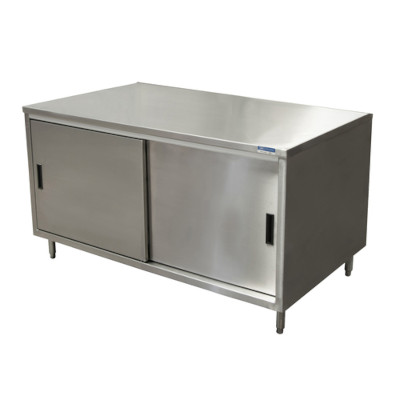 BK Resources CST-2460S2 – Dual Access Chef Table, cabinet base with sliding doors, 60″W x 24″D, stainless steel top