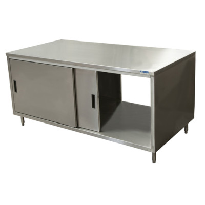 BK Resources CST-3072S2 – Dual Access Chef Table, cabinet base with sliding doors, 72″W x 30″D, stainless steel top