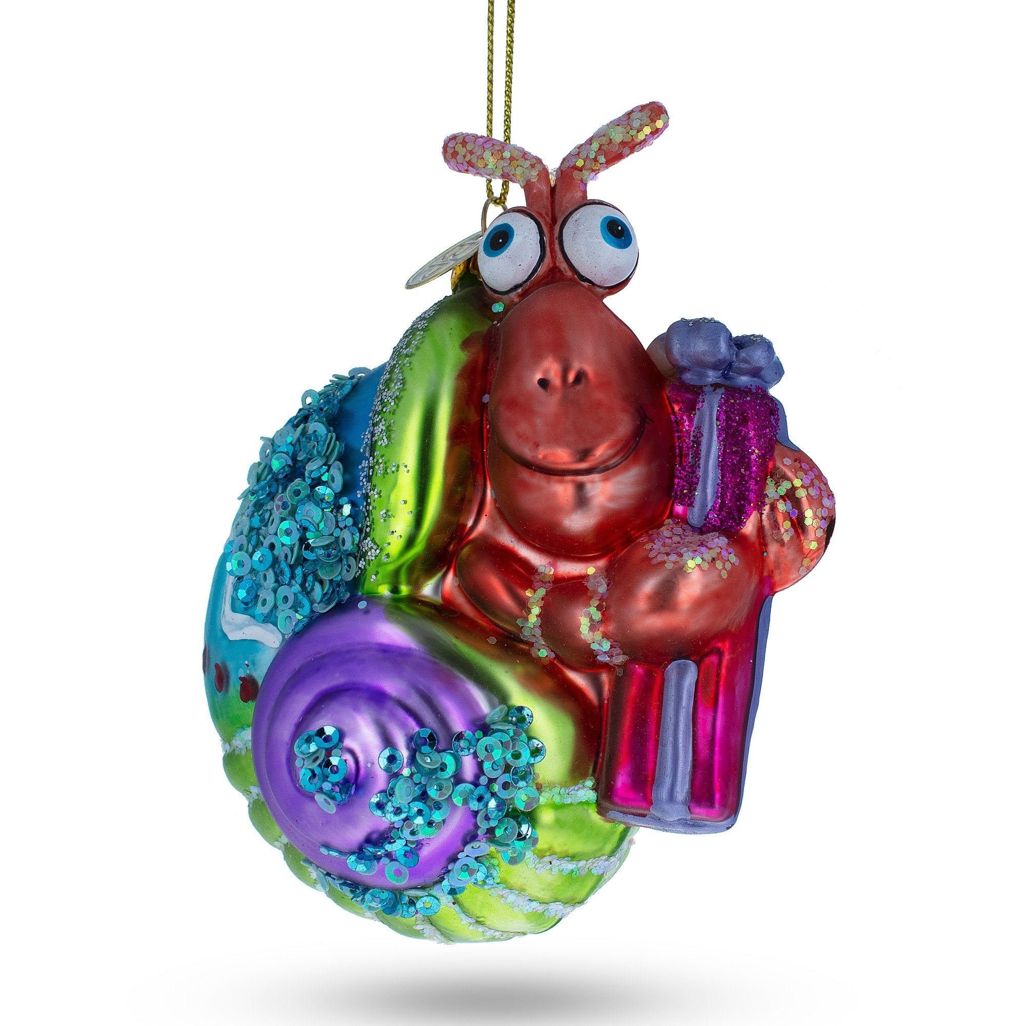 Cheerful Shrimp With Gifts – Blown Glass Christmas Ornament