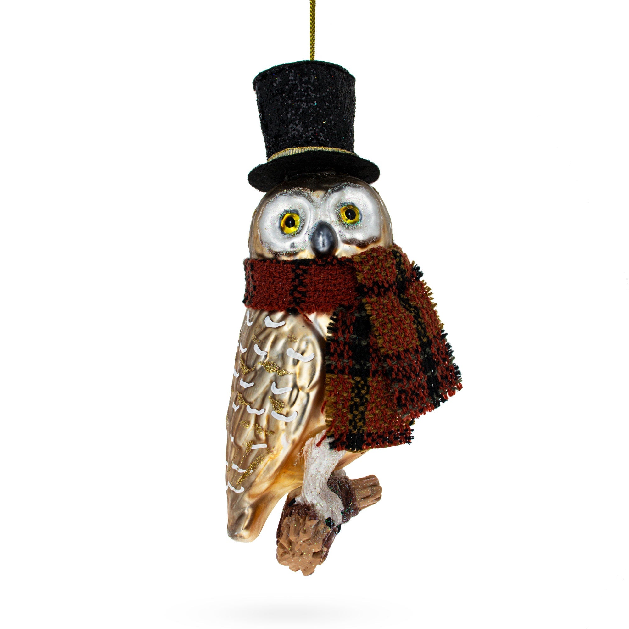 Stylish Owl In Black Hat And Scarf – Blown Glass Christmas Ornament