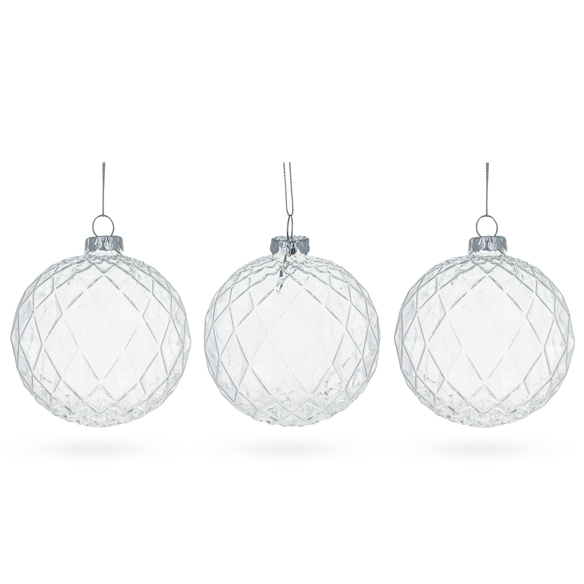 Elegant Trio Of Ribbed Clear – Blown Glass Ball Christmas Ornaments 3.5 Inches