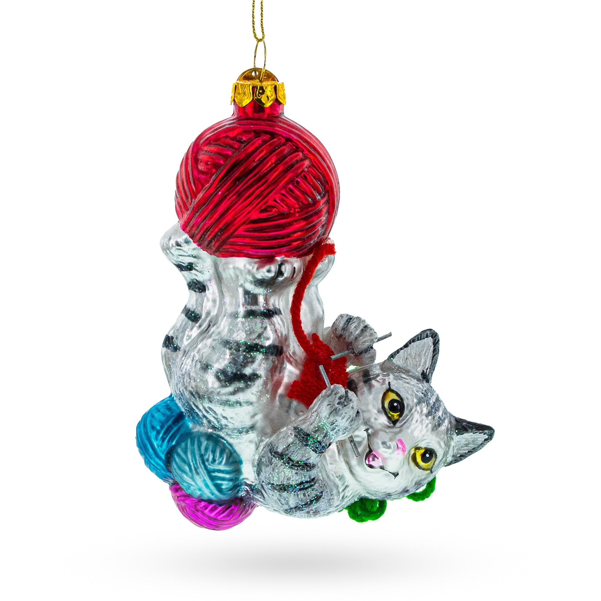 Whimsical Kitten Tangled In Yarn Balls – Blown Glass Christmas Ornament