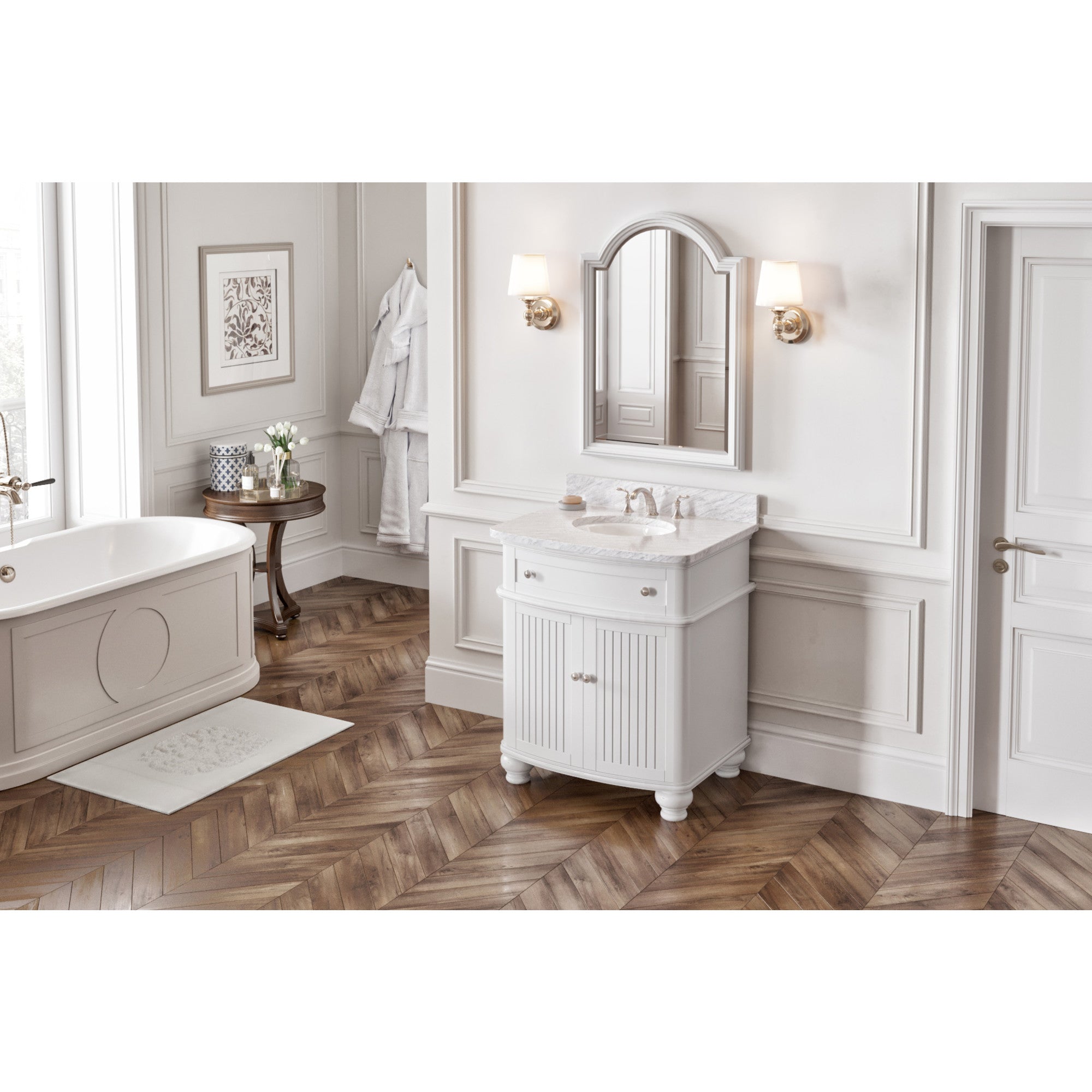 JEFFREY ALEXANDER VKITCOM30WHWCO 30″ White Compton Vanity, Compton-only White Carrara Marble Vanity Top, undermount oval bowl – White