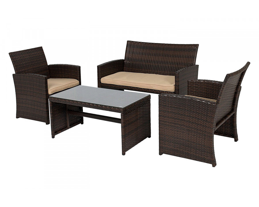 FaFurn – Brown Resin Wicker 4-Piece Modern Patio Furniture Set with Beige Cushions