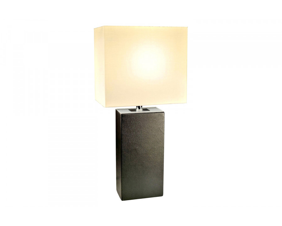 FaFurn – Contemporary Black Leather Table Lamp with White Fabric Shade