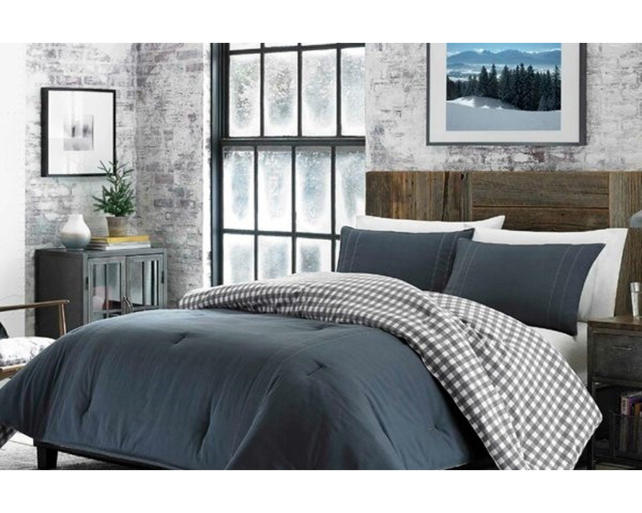 FaFurn – King Size 100% Cotton Reverse Plaid Gray/White Comforter Set