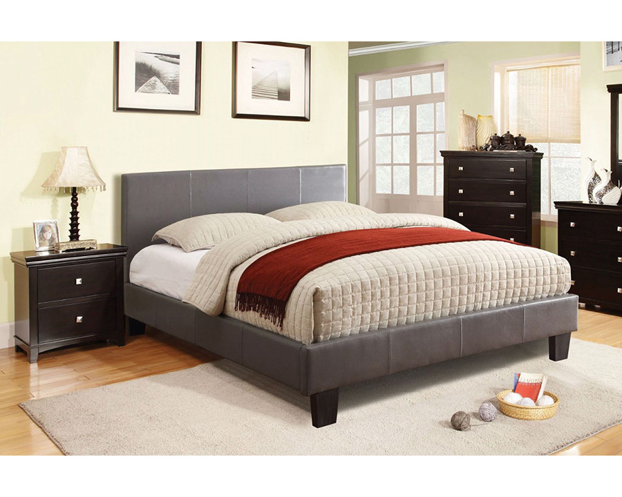 FaFurn – Full Size Platform Bed with Headboard Upholstered in Gray Faux Leather