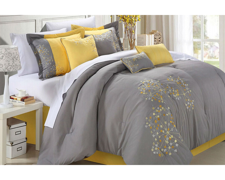 FaFurn – King Size 8-Piece Modern Yellow Gray Floral Comforter Set