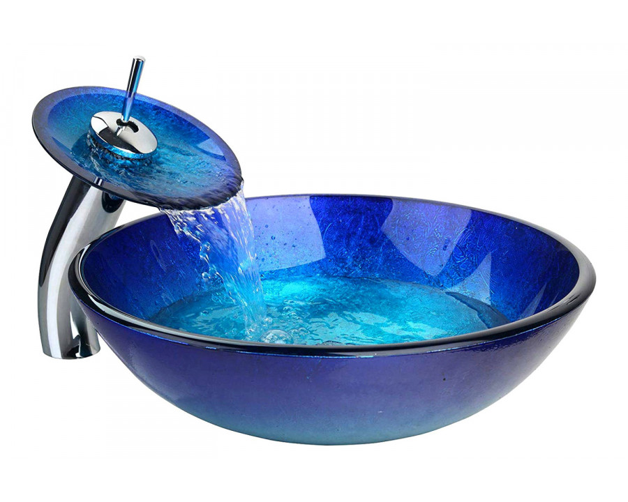 FaFurn – Modern Blue Glass Bathroom Vessel Sink and Faucet with Chrome Drain