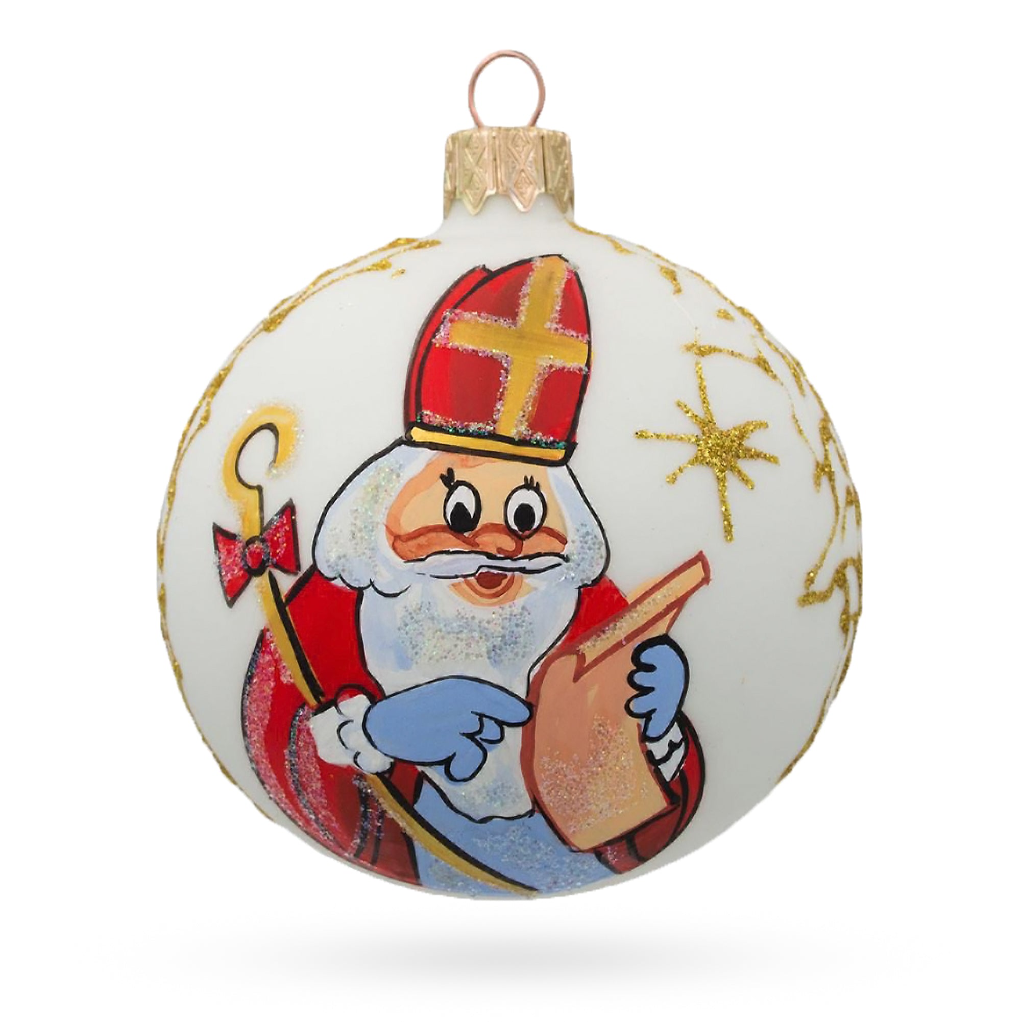 St. Nicholas Perusing His Gift List In Elegant White Blown Glass Ball Christmas Ornament 3.25 Inches