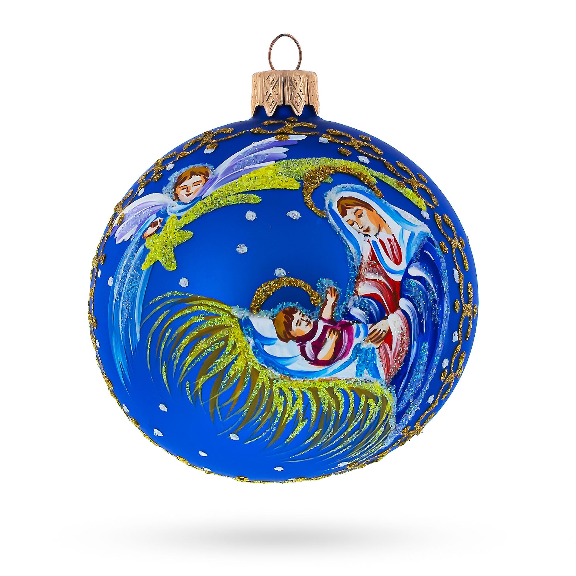 Guardian Angel Overlooking Baby Jesus Nativity – Blown Glass Ball Christmas Ornament 3.25 Inches.