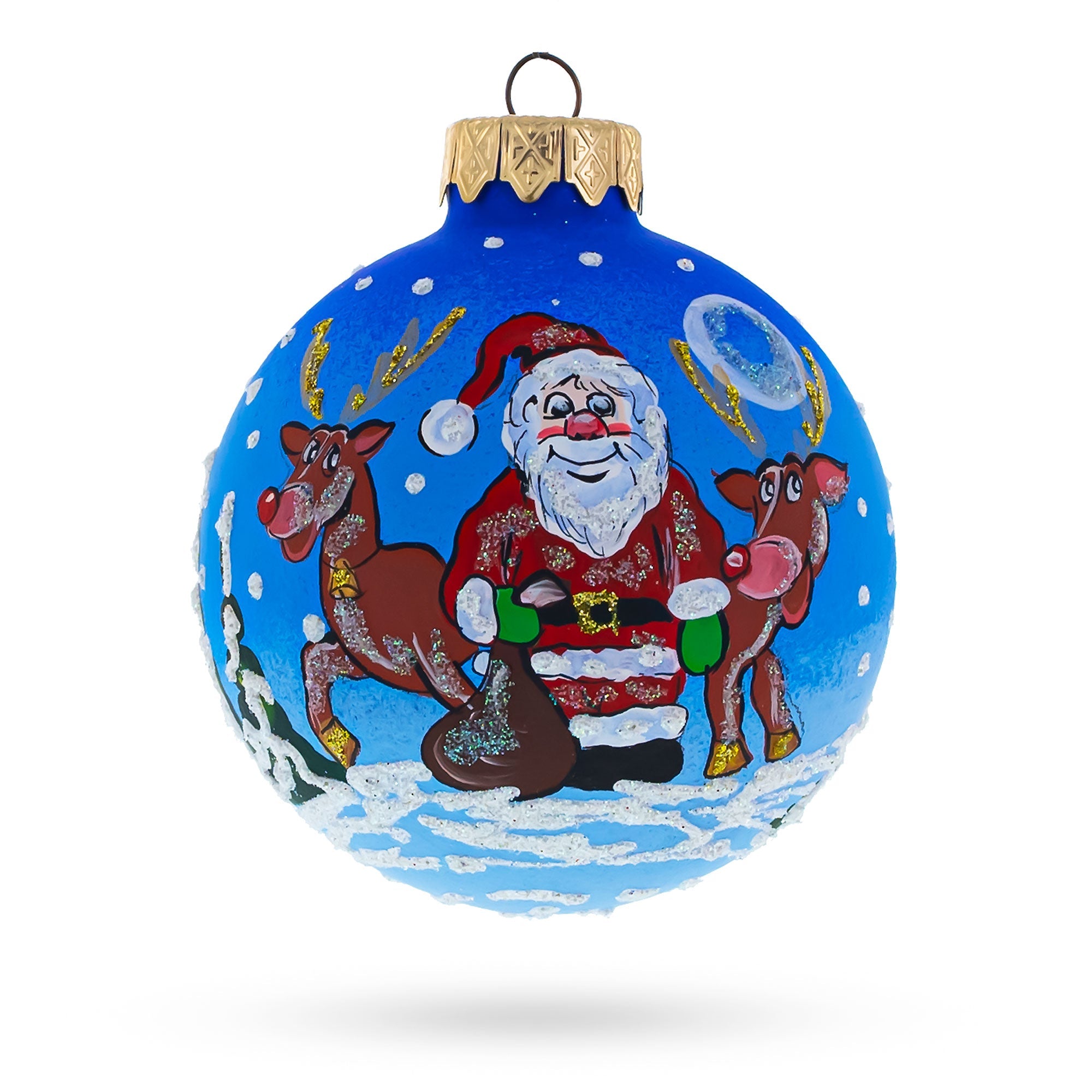 Santa’s Sleigh Ride: Santa And Reindeer Festive Blown Glass Ball Christmas Ornament 3.25 Inches