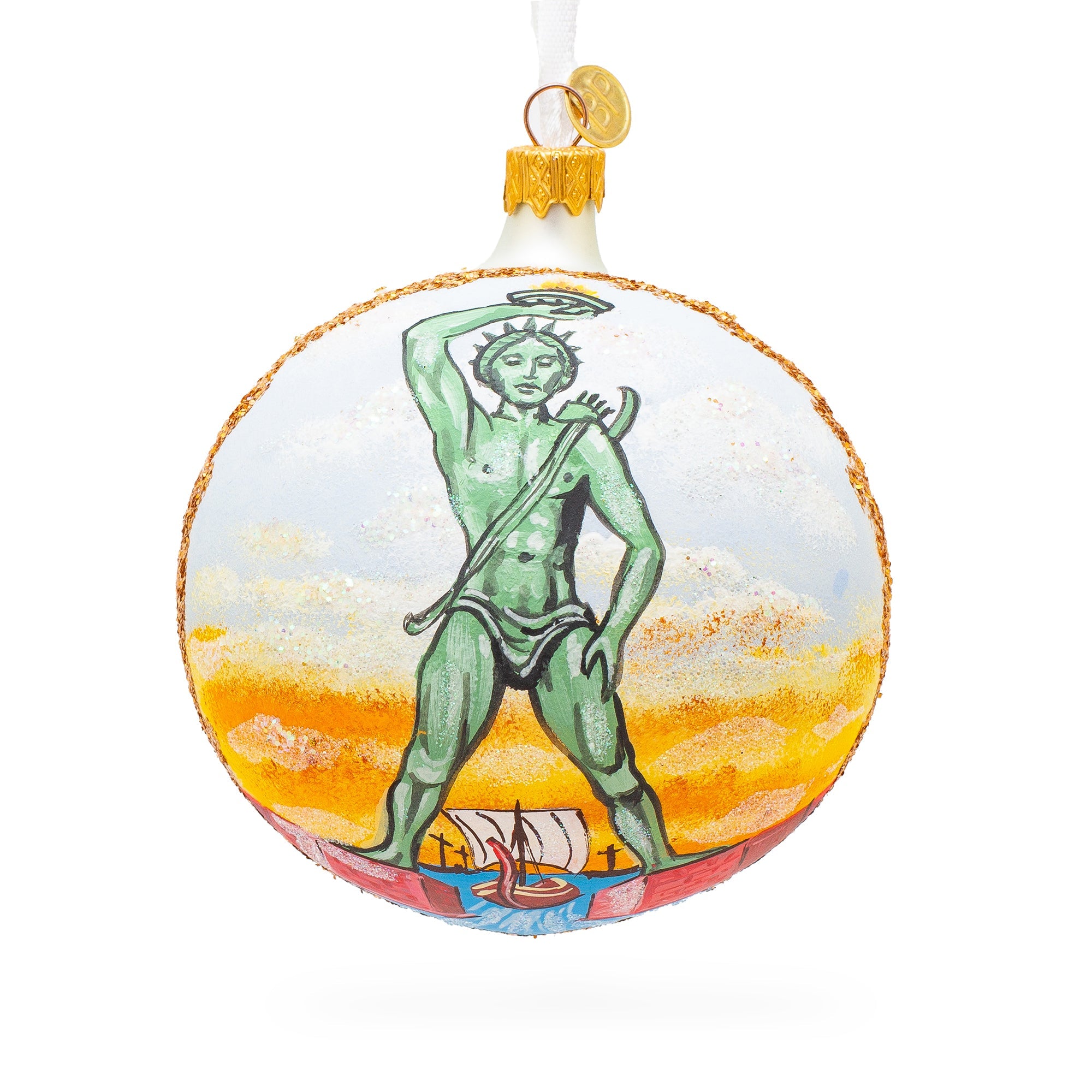 Colossus Of Rhodes, Greece Glass Ball Christmas Ornament 4 Inches