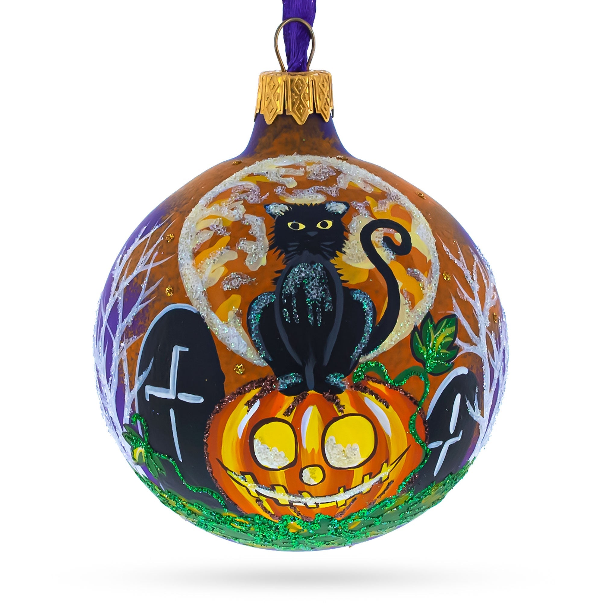 Spooky Serenity: Black Cat At Cemetery Blown Glass Ball Halloween Ornament 3.25 Inches