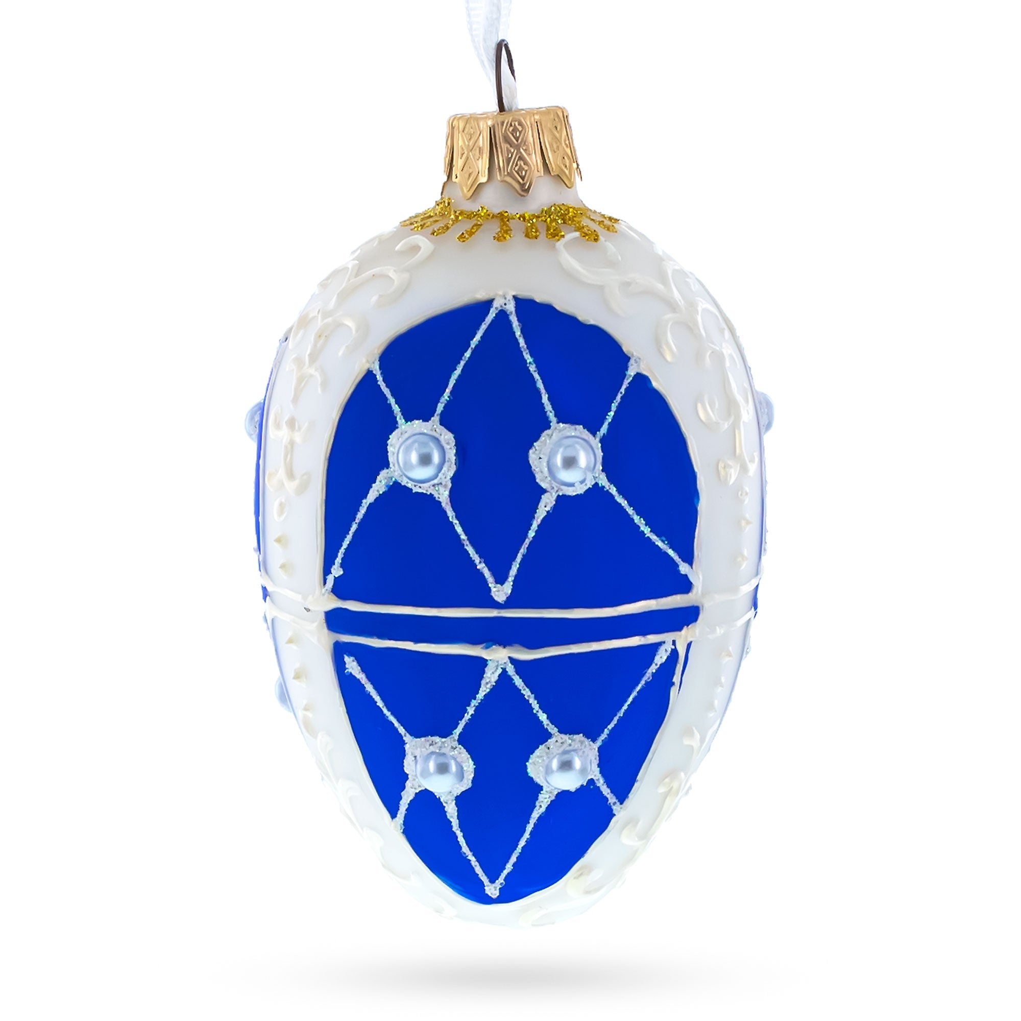 Blue On White Royal Egg Glass Ornament 4 Inches