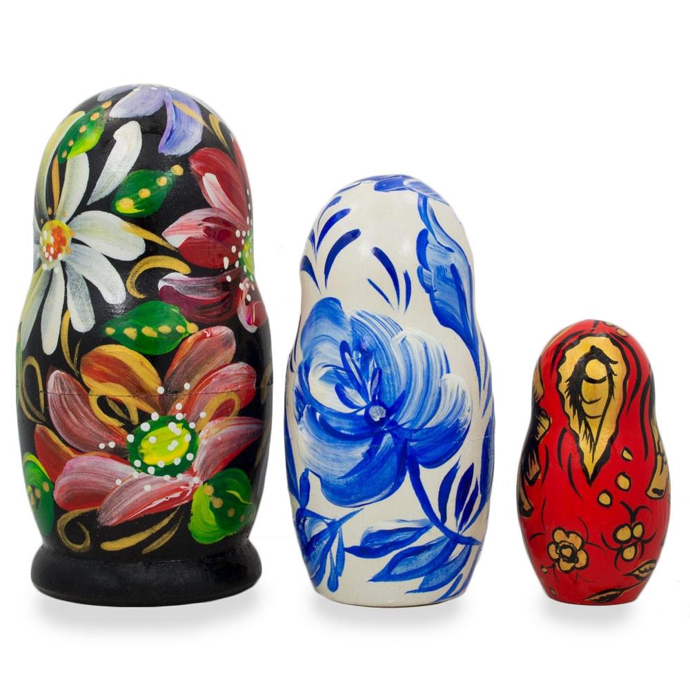 Set Of 3 Khokhloma Flowers Wooden Nesting Dolls 4.25 Inches