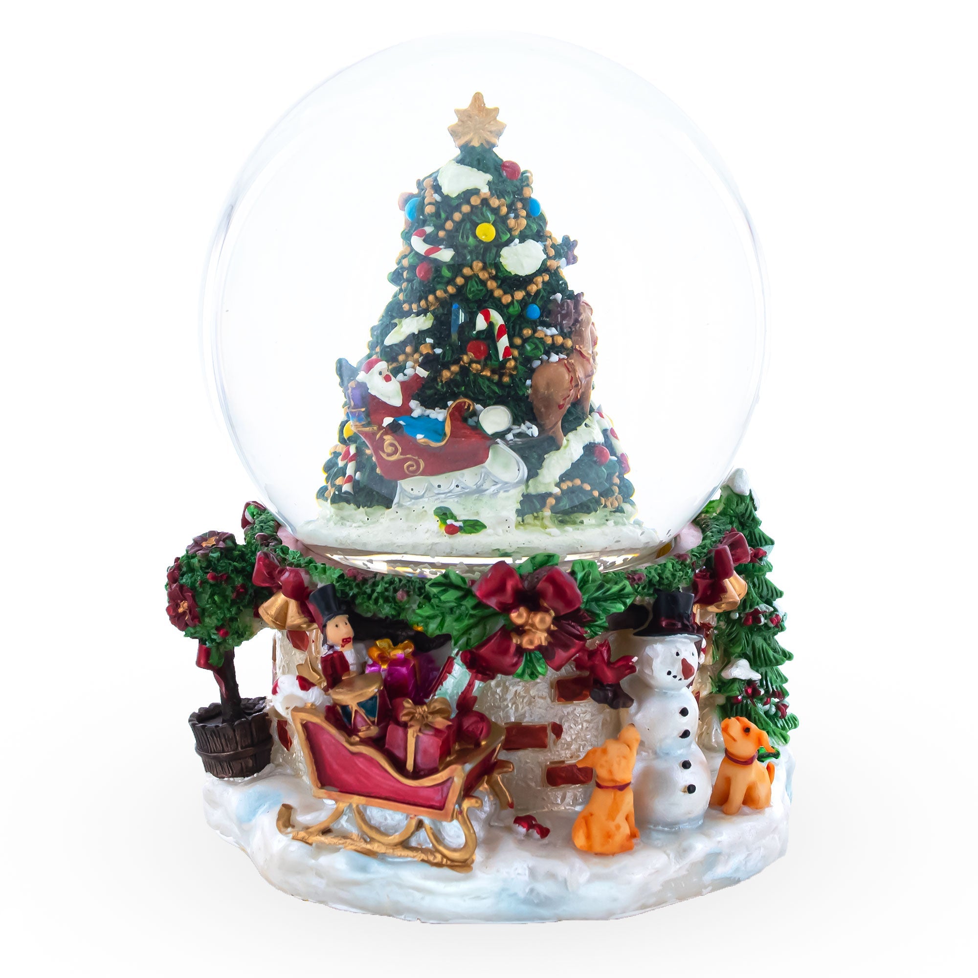 Snowman And Canine Companions: Santa’s Visit By The Christmas Tree Musical Water Snow Globe