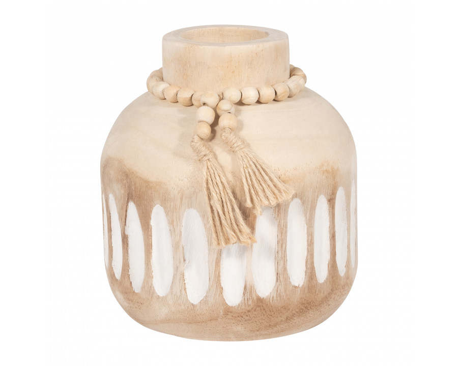 Sagebrook – 8″ Wood Round Ridged Vase with Tassels