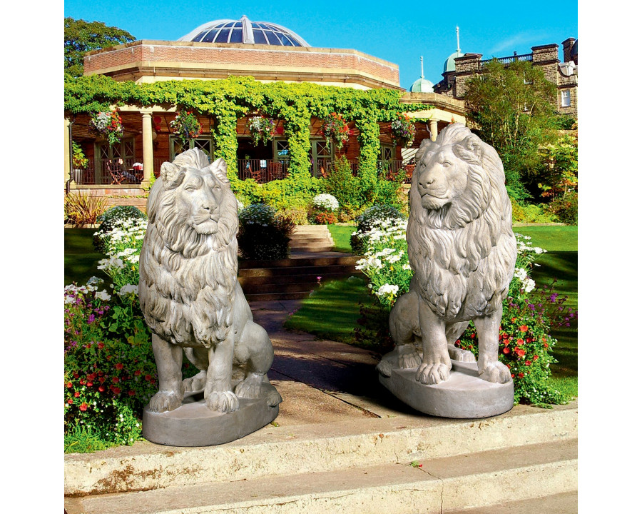 Toscano – Set of Stately Chateau Lion Sentinel Garden Statues Left and Right