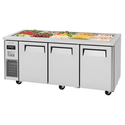 Turbo Air JBT-72-N – Refrigerated Buffet Table, three-section, 70-7/8″W, 15-pan top, (3) swing doors